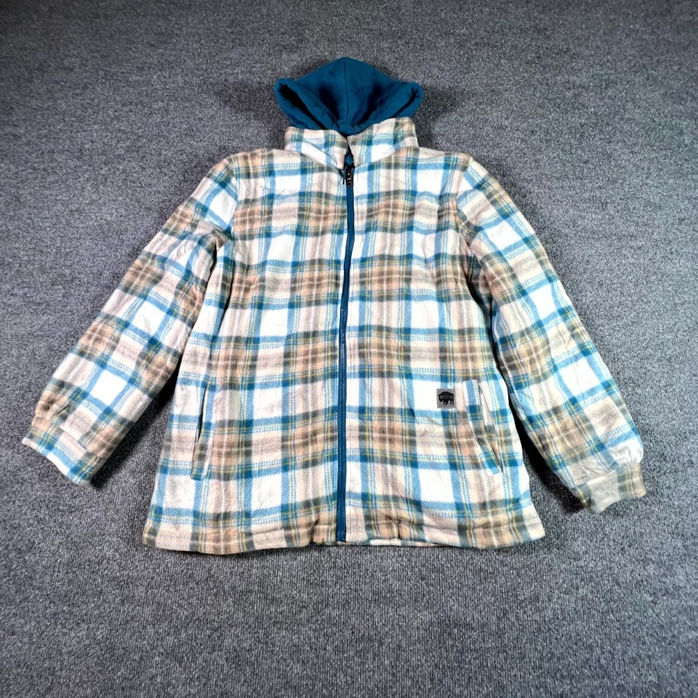 Buffalo Outdoors Jacket Women's L Blue Plaid Fleece Sherpa Lined Hooded Workwear
